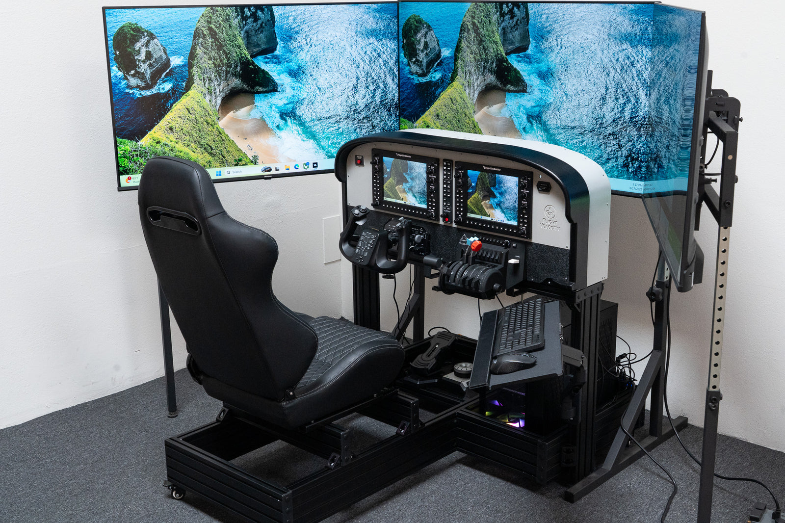 Aluminum extrusion flight simulator frame with GA-style aircraft seat, rudder pedals and integrated PC storage