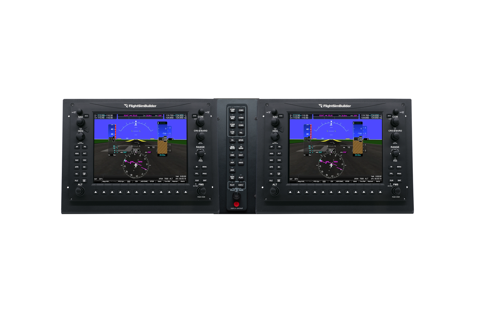 FlightSimBuilder TNxi 8X Suite with two metal stands and audio panel bracket for a G1000 NXi home simulator