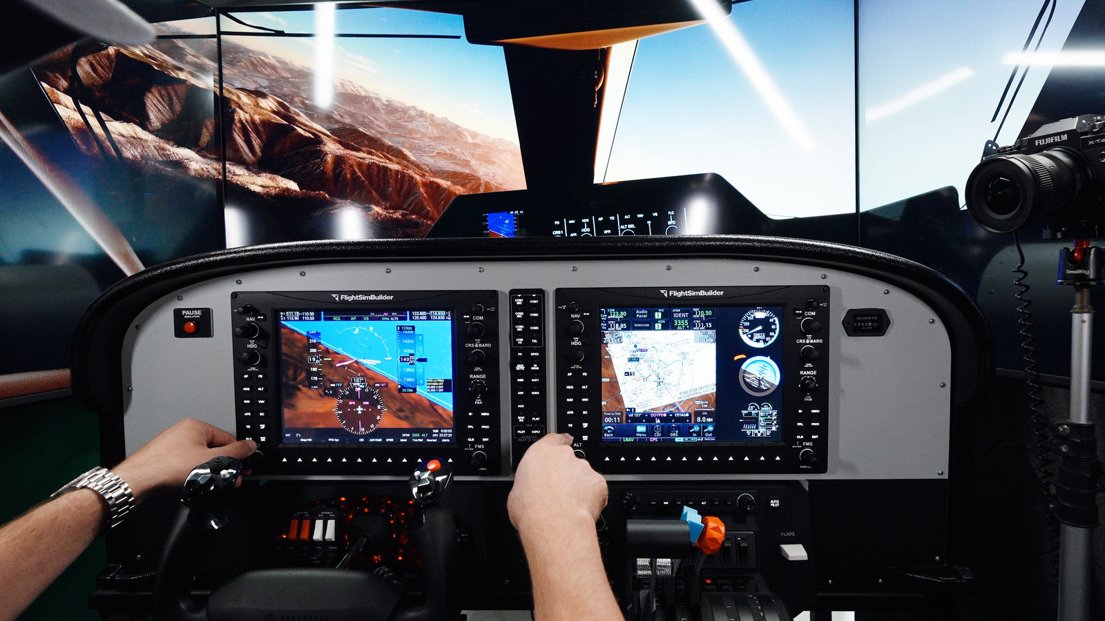 FlightSimBuilder Flagship full-size Cessna-style flight simulator panel with aluminum frame and molded glareshield