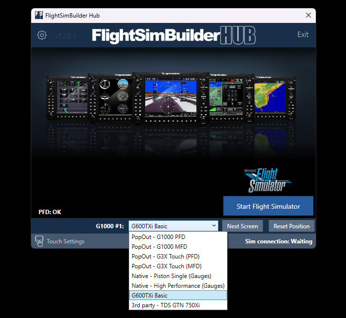 FlightSimBuilder Hub software showing selectable avionics profiles including G1000 NXi, G3X Touch, G600 TXi and steam gauges